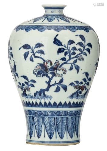 A Chinese copper-red and cobalt blue underglaze Meiping vase, decorated with peaches, Buddha's hands