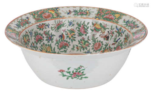 A Chinese Canton famille rose punch bowl, decorated with butterflies and flower branches, H 13,5 - ›