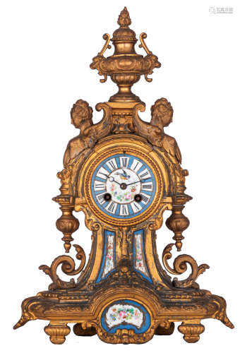 A Neoclassical gilt bronze mantle clock, with polychrome decorated porcelain plaques depicting birds