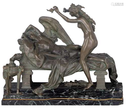 Carrier-Belleuse A.,ÿPsyche and the sleeping Cupid, green patinated bronze on a vert de mer marble b