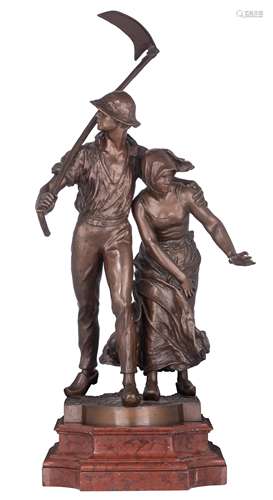 Boucher A., a young farmers' couple, brown patinated bronze on a rouge Napoleon marble base, H 87 -