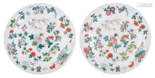Two Chinese polychrome decorated plates, the centre with flowers and insects, the reverse with bats,