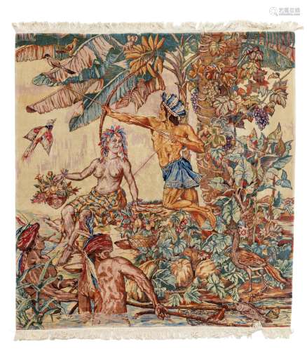 A rug decorated with scenes from the daily life of native Americans, wool, 221 x 211 cm
