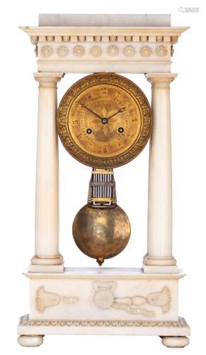 A French Charles X alabaster portico clock, with brass mounts, H 59 - W 30 cm