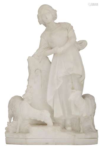 No visible signature, shepherdess with her sheep, Carrara marble, H 57 cm