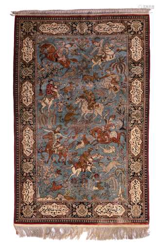 An Oriental woollen rug, decorated with hunting scŠnes and with inscriptions to the borders, 133 x 2