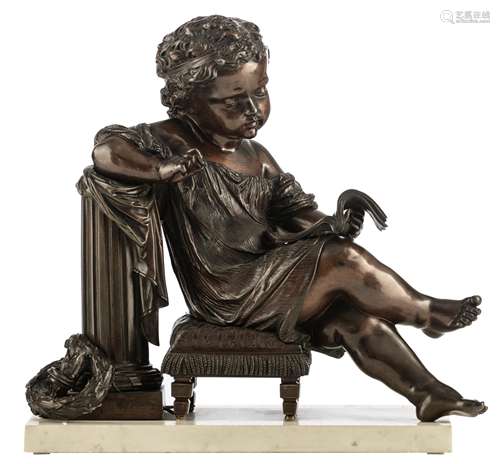 Moreau Math., an allegory on history, patinated bronze on a Carrara marble base, H 29,5 - 32 (withou