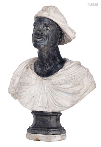 A Carrara and grey marble bust of a Moor, 18thC, H 70 - W 50 cm