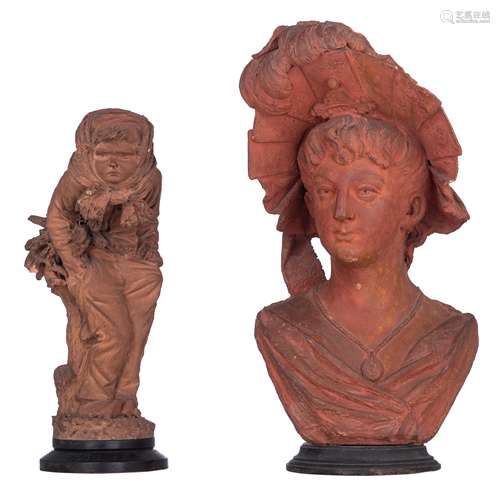 Indistinctly signed, the bust of a lady with a hat, dated 1840, terracotta, H 58 cm. Added: Comein P