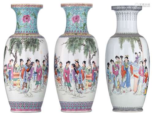 A pair of Chinese Republic period famille rose vases and a ditto vase, all vases decorated with beau