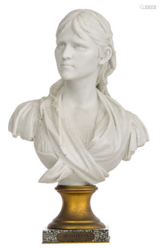 Comein P., 'Desesperanza', a biscuit bust on a brass and green granite marble base, H 53 cm