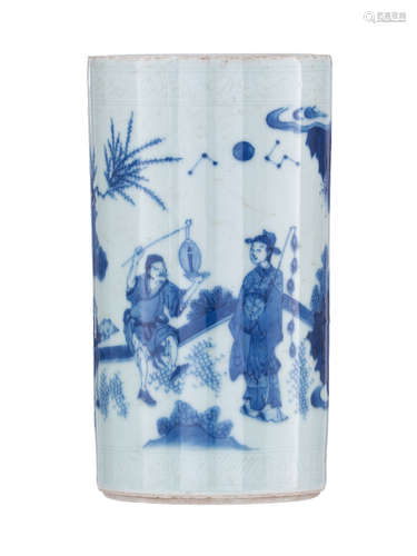 A Chinese Transitional style blue and white brush pot, decorated with a scholar and a servant in a g