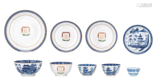 Nine Chinese blue and white export porcelain bowls, cups and saucers, some items enamelled with a mo