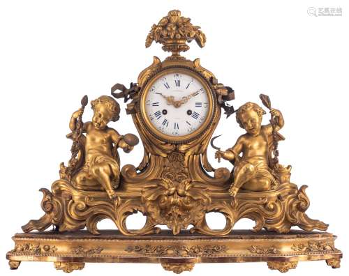 A fine gilt bronze Rococo Revival mantle clock, decorated with putti symbolizing fertility and the h