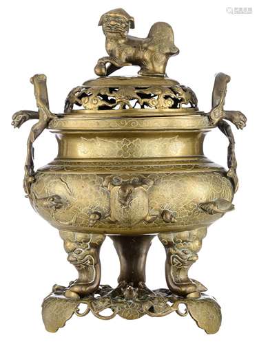 A Chinese bronze censer on matching bronze base, decorated with symbolic animals like a tortoise, a