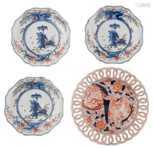 Three Japanese polychrome lobed dishes, decorated with ïLong Elisaï. Added a ditto openwork Imari di