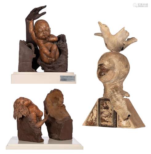 Dumortier J., three brown painted terracotta sculptures, of which two untitled and one titled 'En oo