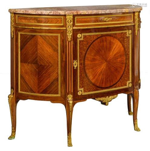 A mahogany veneered Neoclassical demi-lune commode, decorated with parquetry, gilt bronze mounts and