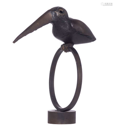 Claerhout J., a bird sitting on a ring, Nø 11/33, patinated bronze, H 20,5 cm, Is possibly subject o