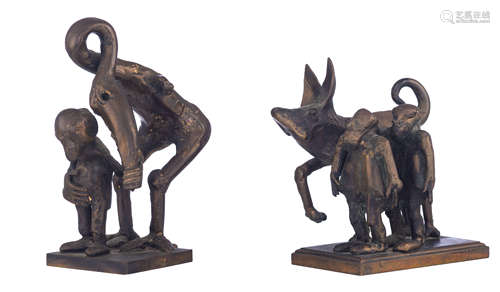 Claerhout J., two patinated bronze fantastic figures, one titled: 'Als de tweeling uit wandelen gaat