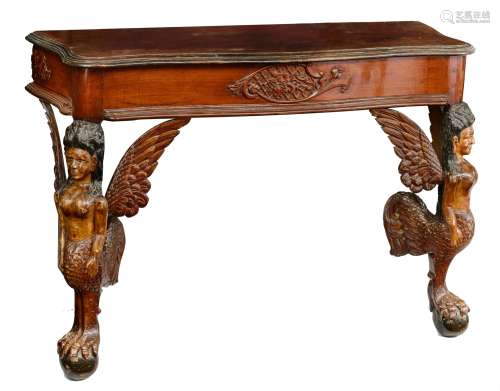 A mahogany wall console table, with two polychrome painted and carved caryatid figures on claw-and-b