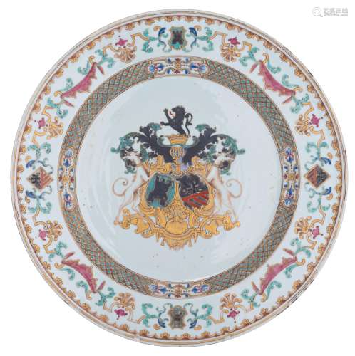 A Chinese famille rose armorial export porcelain plate, enamelled with the arms of 'famille de la Bi