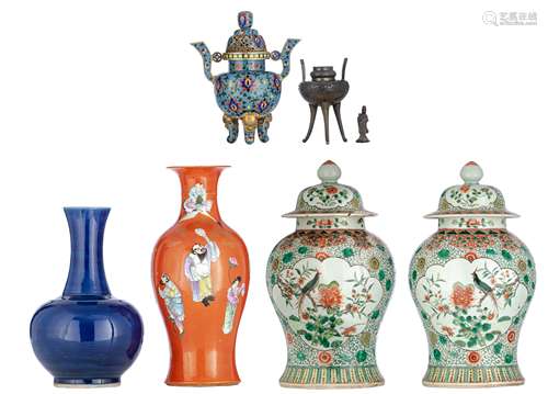 A pair of Chinese famille verte covered vases, the panels decorated with a pheasant on chrysanthemum