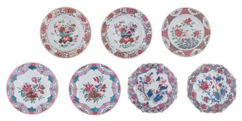 Six Chinese famille rose export porcelain dishes, finely enamelled with various still lifes of bloss