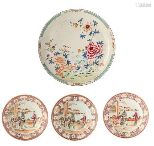 Three Chinese 'Mandarin pattern' export porcelain dishes, decorated with beauties resting in a garde