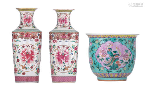 A pair of Chinese famille rose floral decorated vases, the roundels decorated with peony blossoms -