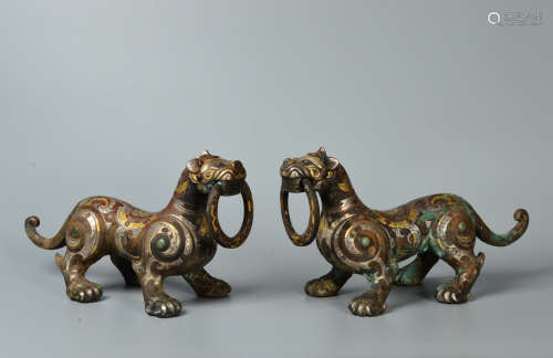 Chinese Pair Of Bronze Gold Painted Beasts