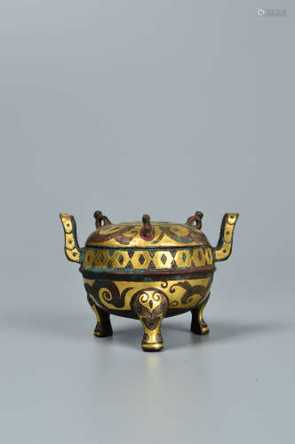 Chinese Bronze Gold Painted Tripod Furnace
