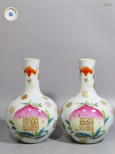 Chinese Pair Of Famille Rose Porcelain Bottles