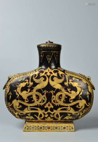 Chinese Bronze Gold Painted Flat Bottle