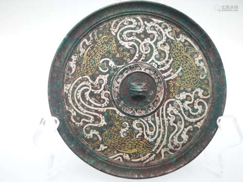 Chinese Bronze Gold And Silver Painted Mirror