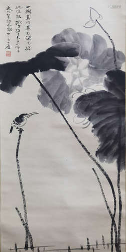 A CHINESE FLOWER&BIRD PAINTING SCROLL ZHANG DAQIAN MARK