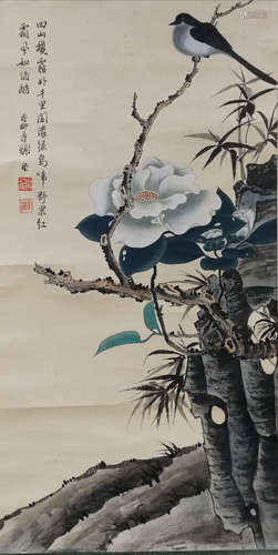 A CHINESE FLOWER&BIRD PAINTING SCROLL XIE ZHILIU MARK