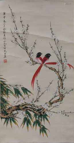 A CHINESE FLOWER&BIRD PAINTING SCROLL YU ZHIZHEN MARK