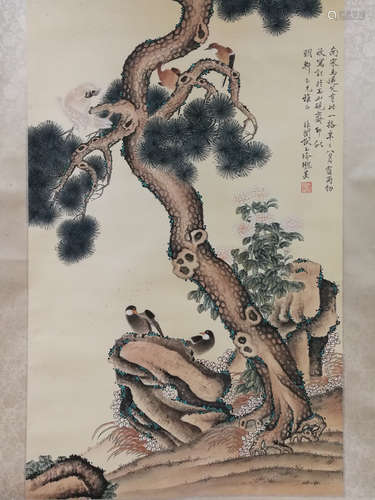 A CHINESE FLOWER&BIRD PAINTING SILK SCROLL YU FEI'AN MARK