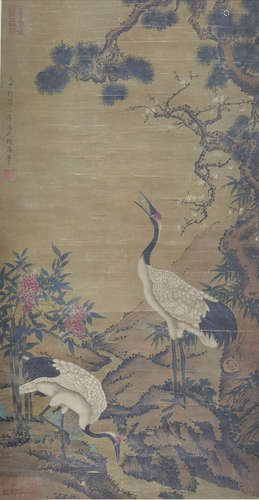 A CHINESE FLOWER&BIRD PAINTING SILK SCROLL ZHAO CHANG MARK