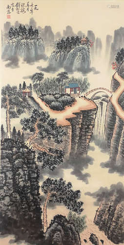 A CHINESE LANDSCAPE PAINTING SCROLL QIAN SONGYAN MARK