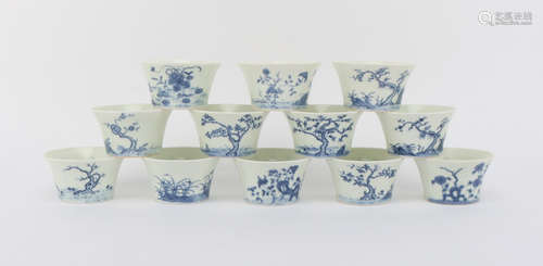 SET OF 12 BLUE AND WHITE FLORAL PORCELAIN CUPS