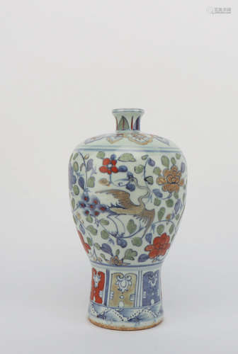 A FAMILLE VERTE FLOWERS&CRANE PATTERN PORCELAIN MEIPING VASE