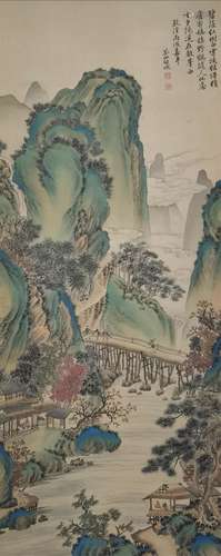 A CHINESE LANDSCAPE PAINTING SILK SCROLL QIAN WEICHENG MARK