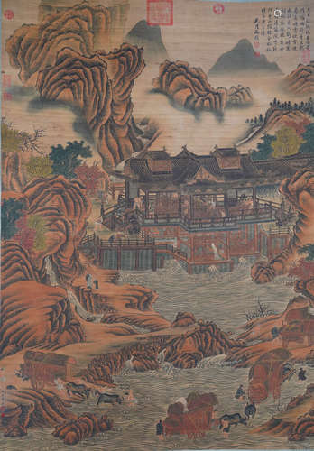 A CHINESE LANDSCAPE PAINTING SILK SCROLL QIU YING MARK