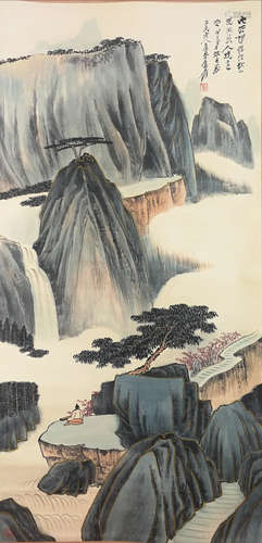 A CHINESE LANDSCAPE PAINTING SCROLL ZHANG DAQIAN MARK