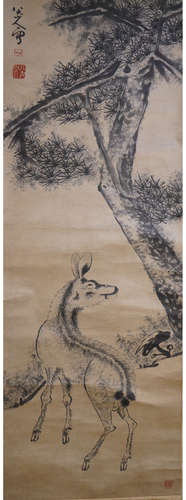 A CHINESE PINE&DEER PAINTING SCROLL BA DA SHANREN MARK