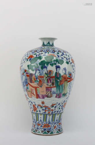 A BLUE AND WHITE DOUCAI FIGURES FLORAL PORCELAIN MEIPING VASE