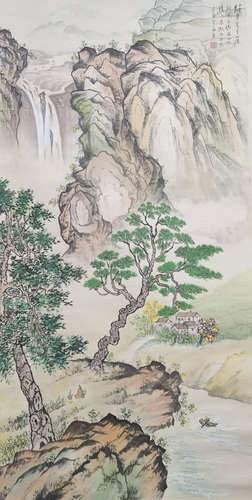 A CHINESE LANDSCAPE PAINTING SCROLL ZHANG DAQIAN MARK