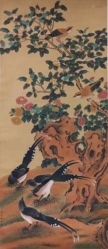 A CHINESE FLOWER&BIRD PAINTING SILK SCROLL JIANG TINGXI MARK